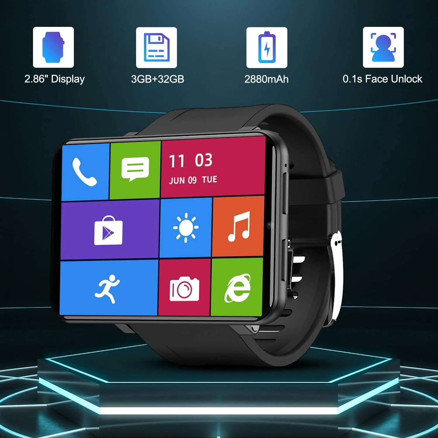 

TICWRIS Andriod Smart Watch, GPS Android Smartwatch, 4G LTE with 2.86" Touch Screen, Face Unclok Phone Watch with 2880mAh