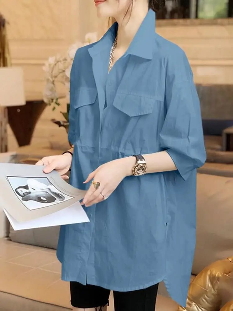 

ZANZEA Летняя женская свободная туника на шнуровке, топы, модная Рабочая офисная рубашка с воротником с лацканами, блузка с рукавом 3/4, повседне...