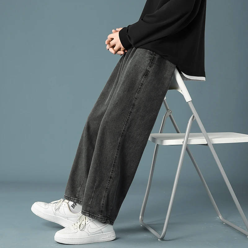 2022 Spring New Men's Baggy Denim Wide Leg Pants Korean Style Elastic Waist Stylish Harem Fit Jeans Skateboard Trouse Male Black