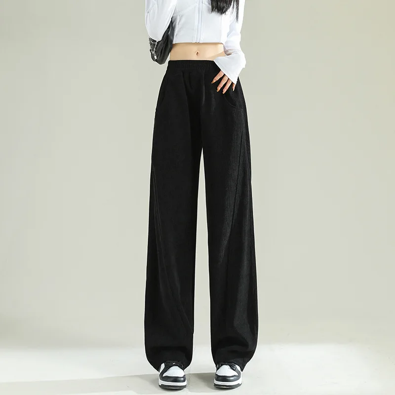 

Черные повседневные женские брюки из шенилла, современные модные шитые брюки из шенилла, модные брюки с высокой талией и широкими штанинами