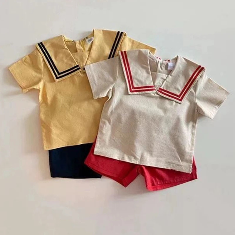 

Navy Style Short Sleeved Cotton T-shirt+Shorts Suit Summer Toddler Baby Boys Girl Clothes Suit Infant Baby Clothing Set