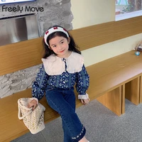 freely move spring 2 7years toddler kids baby girl clothes casual turn down print tops t shirt flare jeans autumn shirt