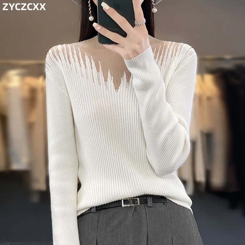 

ZYCZCXX Women's Knitwear Half Turtleneck Lace Mesh Sweater Women's Autumn/Winter Warm 100% Wool Fashion Slim-fit Jumper Sexy Top