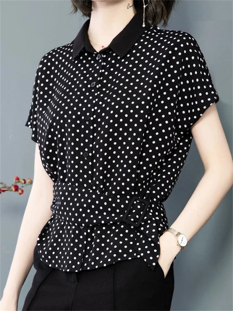 

Women Casual Spring Summer Chiffon Blouses Shirts Lady Casual Short Sleeve Polka Dot Printed Blusas Tops DF2828