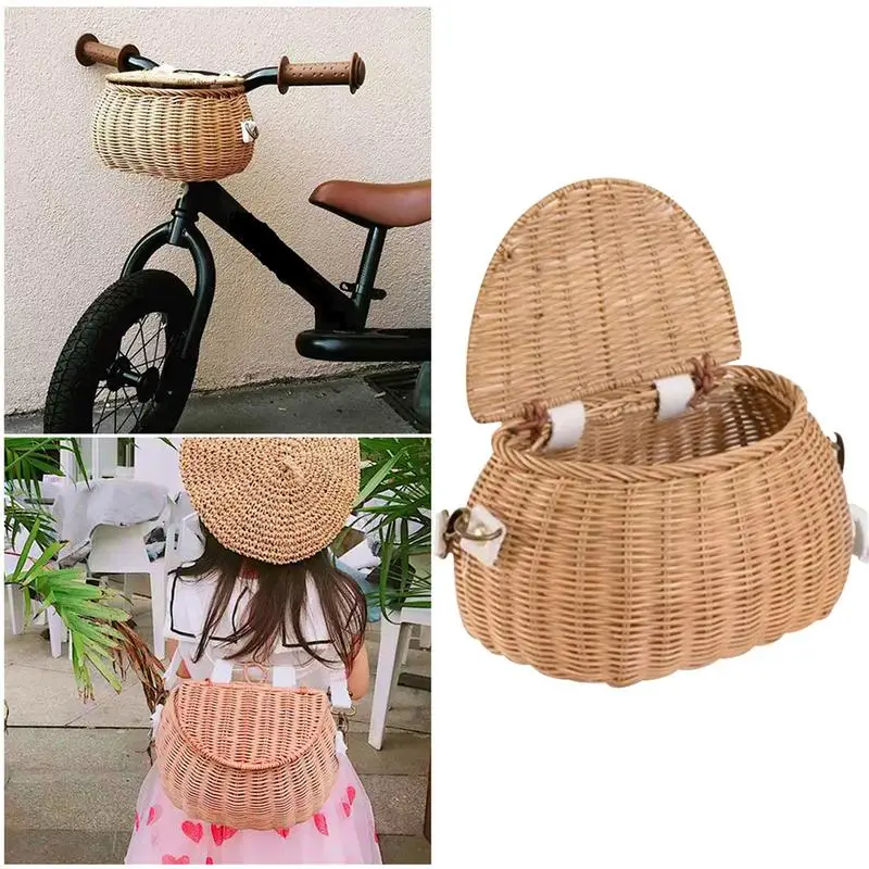 

Bicycle Storage Basket Small Back Bamboo Woven Basket Children Handmade Rattan Toy Picnic Basket Wicker Straw Backpack Multi-use