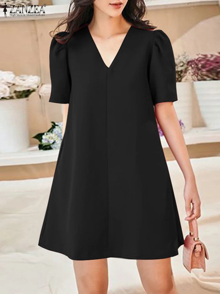 

ZANZEA Fashion Women Elegant Solid OL Work Sundress Casual Loose Party Knee-length Vestidos Summer V Neck Short Sleeve Dress
