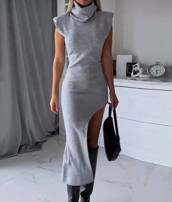 

Woman Long Dress 2023 Autumn Spring New Fashion Casual Stacked Collar Design Solid Color Flying Sleeves with Slit Sexy Dress