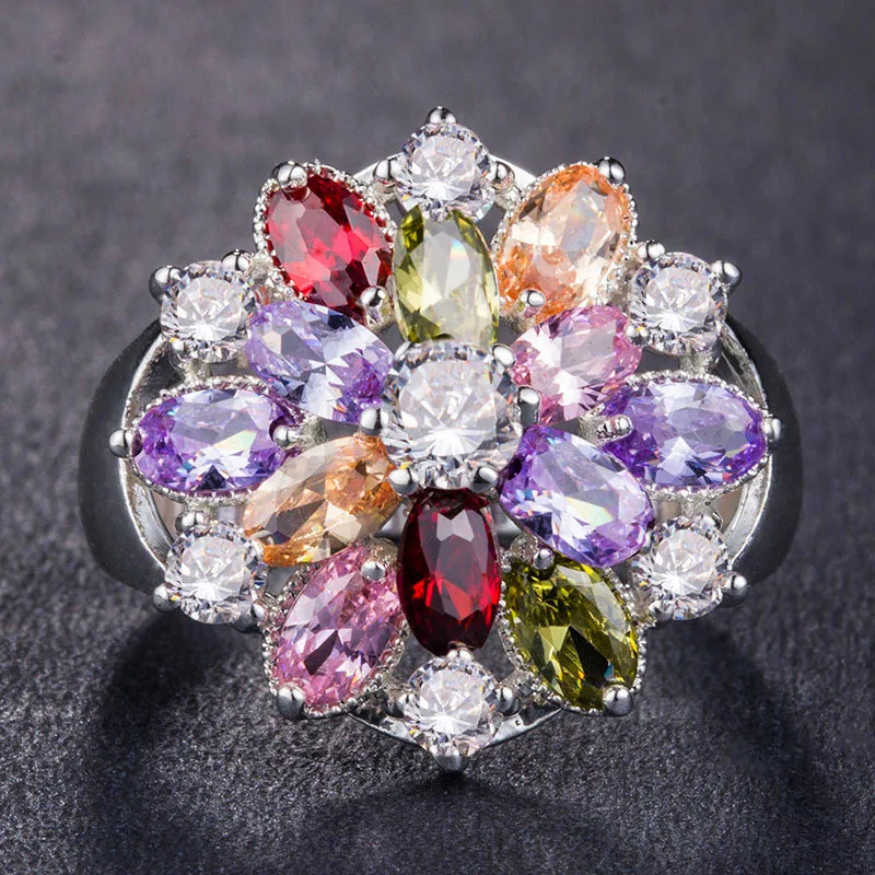 

Colorful Flower Shape Ladies Wedding Rings Fashion Exquisite Cocktail Party Jewelry Accessories Wholesale Holiday Gifts