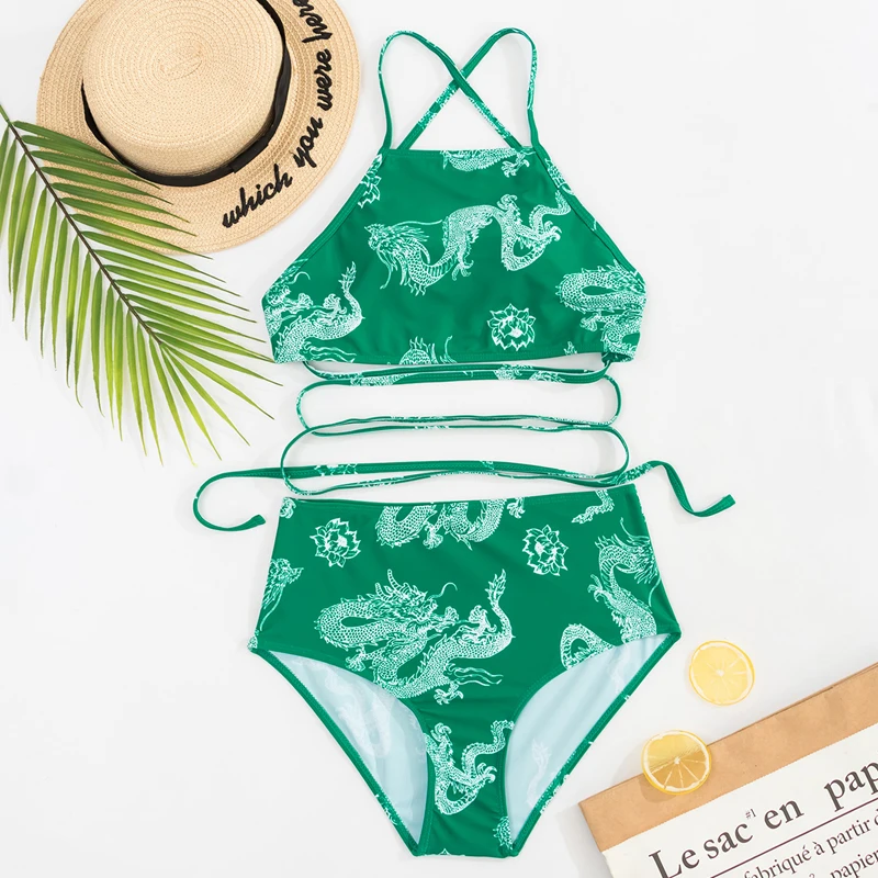 Swim CyxWzy 2022 Trendy Chinese Classical Style Zodiac Dragon Sexy Halter High Waist Pull Rope Beach Party Two-piece Swimsuit