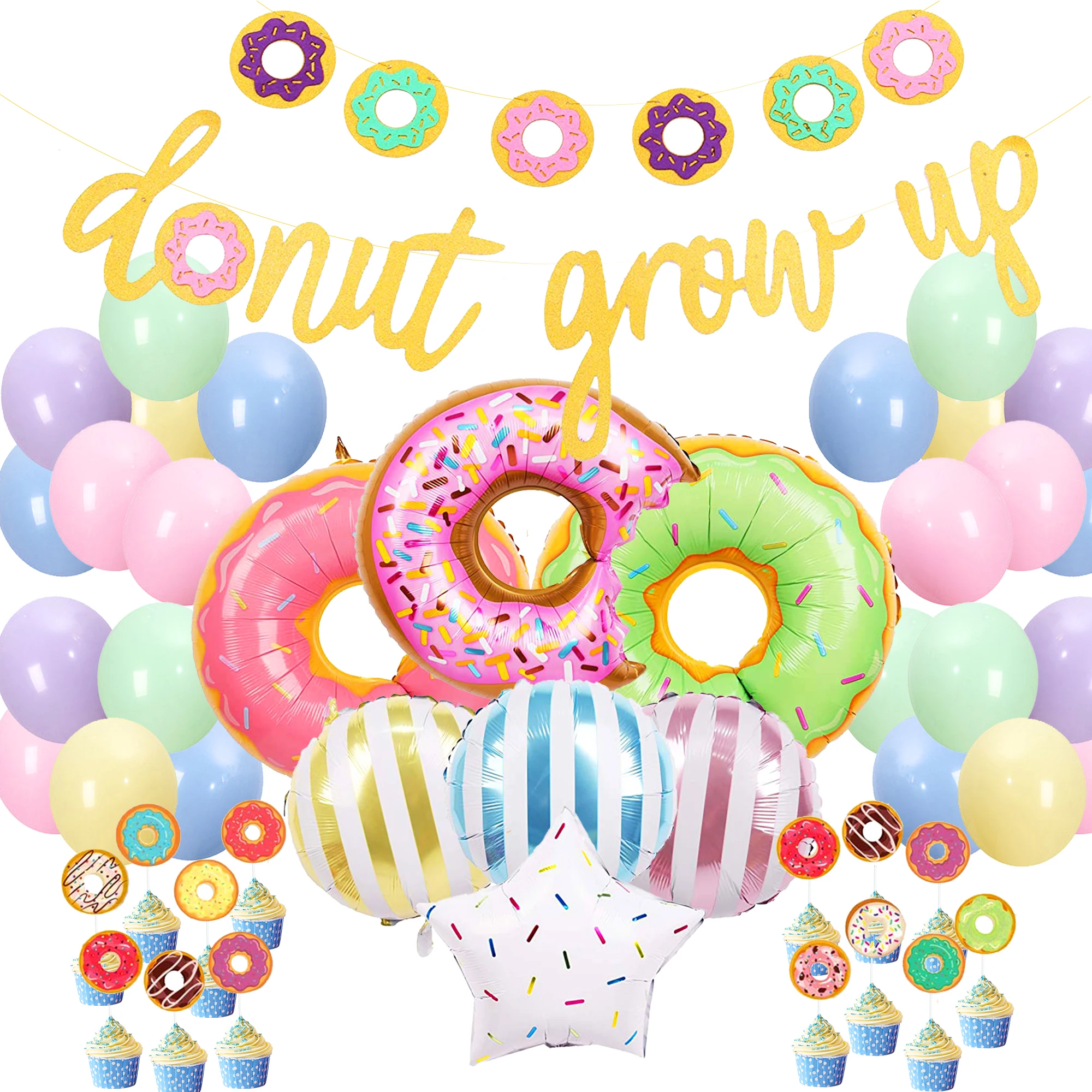 

JOYMEMO Donut Grow Up Donut Theme Birthday Party Decorations for Girl Donut Balloons Banner Garland Cake Topper Party Supplies