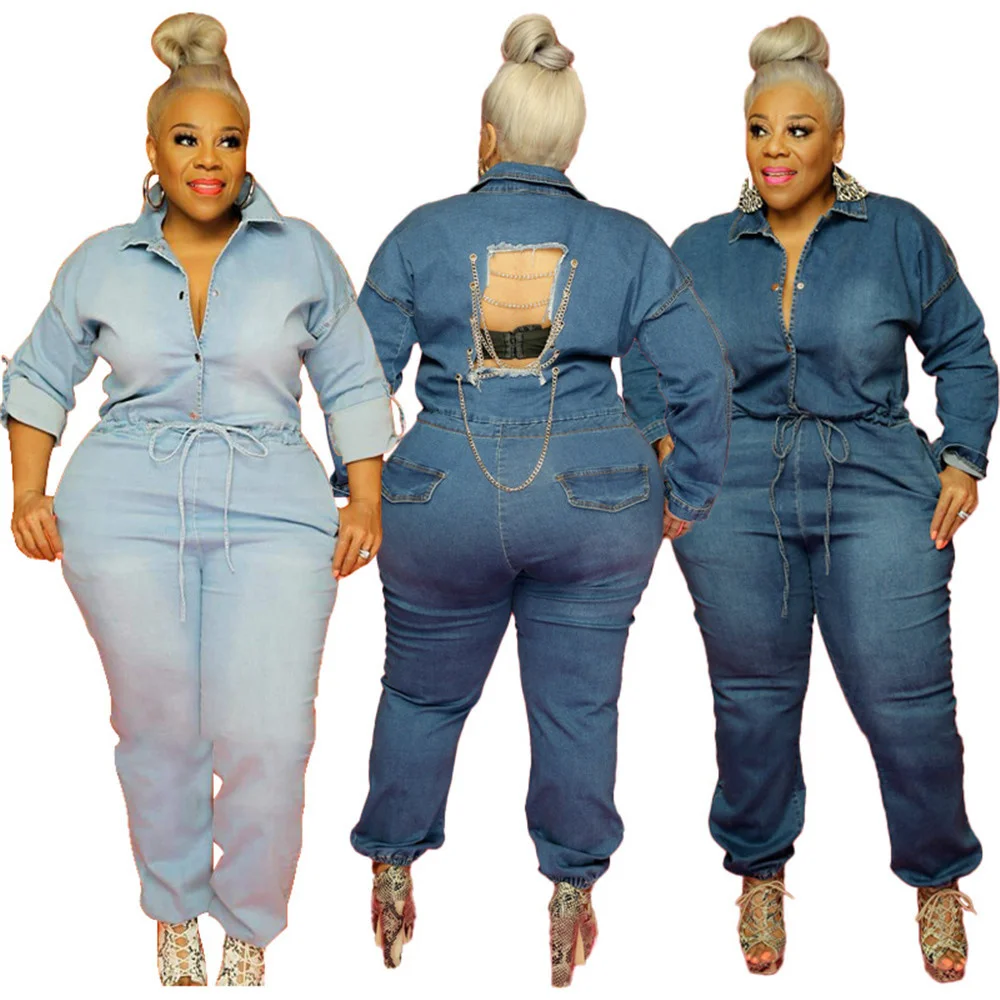 

Plus size Piece Outfit Jumpsuits Jeans Woman Pure Color One Chole Chain Collect Waist Backless Buttons Long Sleeve Dropshipping