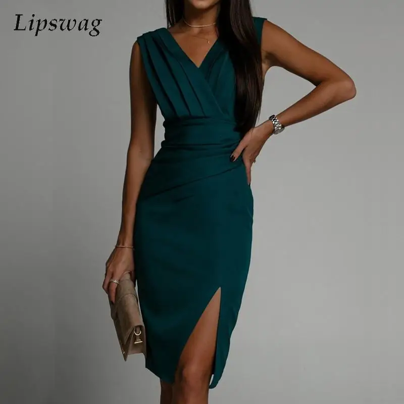 

Женские Элегантные однотонные облегающие платья с V-образным вырезом, модное офисное платье миди без рукавов, летнее Привлекательное платье с высоким разрезом, платья, 2023