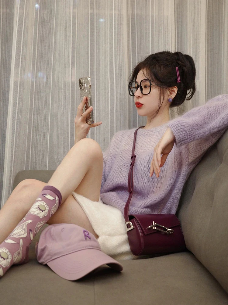 Корейский свитер больших размеров с ленивой атмосферой и градиентом фиолетового