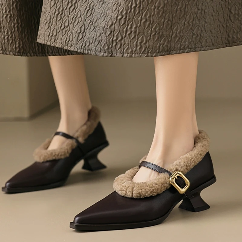 

Mid Heels Fur Sexy Women Cotton Shoes Pointed Toe Shallow Luxury Loafer Shoes Winter 2024 New Women Short Plush Elegant Boots