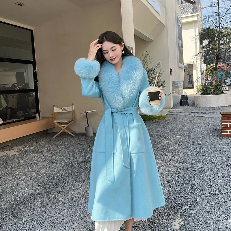 

Женское кашемировое пальто из натуральной шерсти, верхняя одежда большого размера с манжетами из натурального Лисьего меха