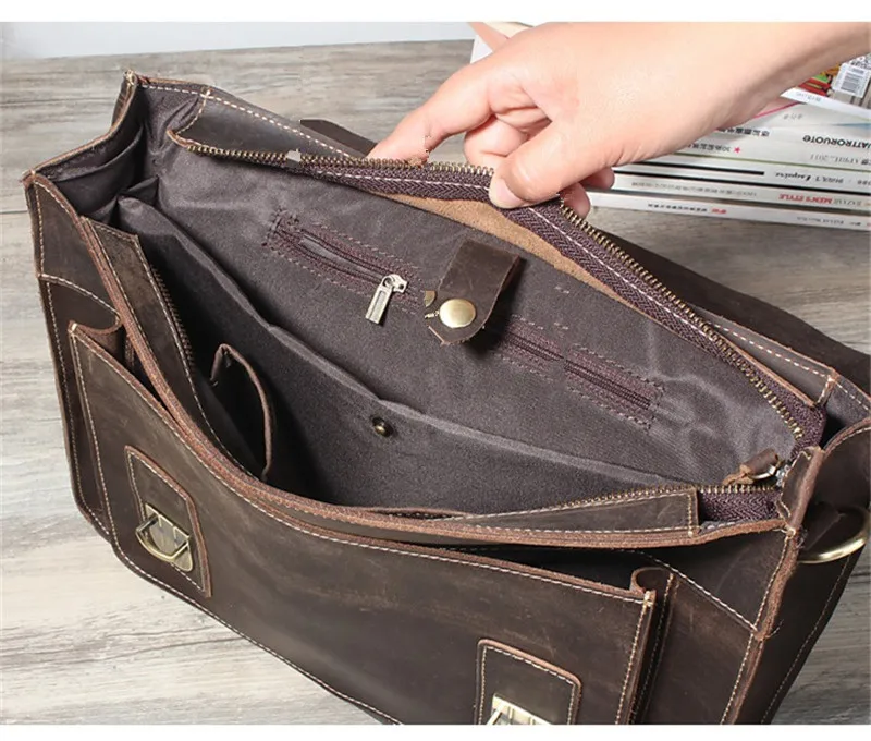 Retro Fashion Handmade Designer Crazy Horse Leather Men's Coffee Briefcase Daily Outdoor Office Lawyer laptopp Handbag teenager