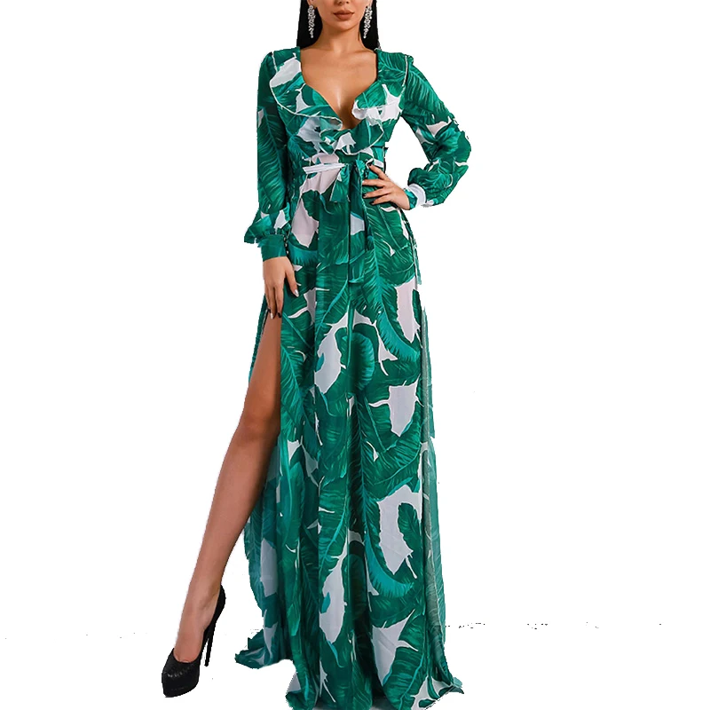 

AECU Long Sleeve Dress Tropical Beach Vintage Maxi Dresses Boho Casual V Neck Belt Lace Up Tunic Draped Plus Size Dress