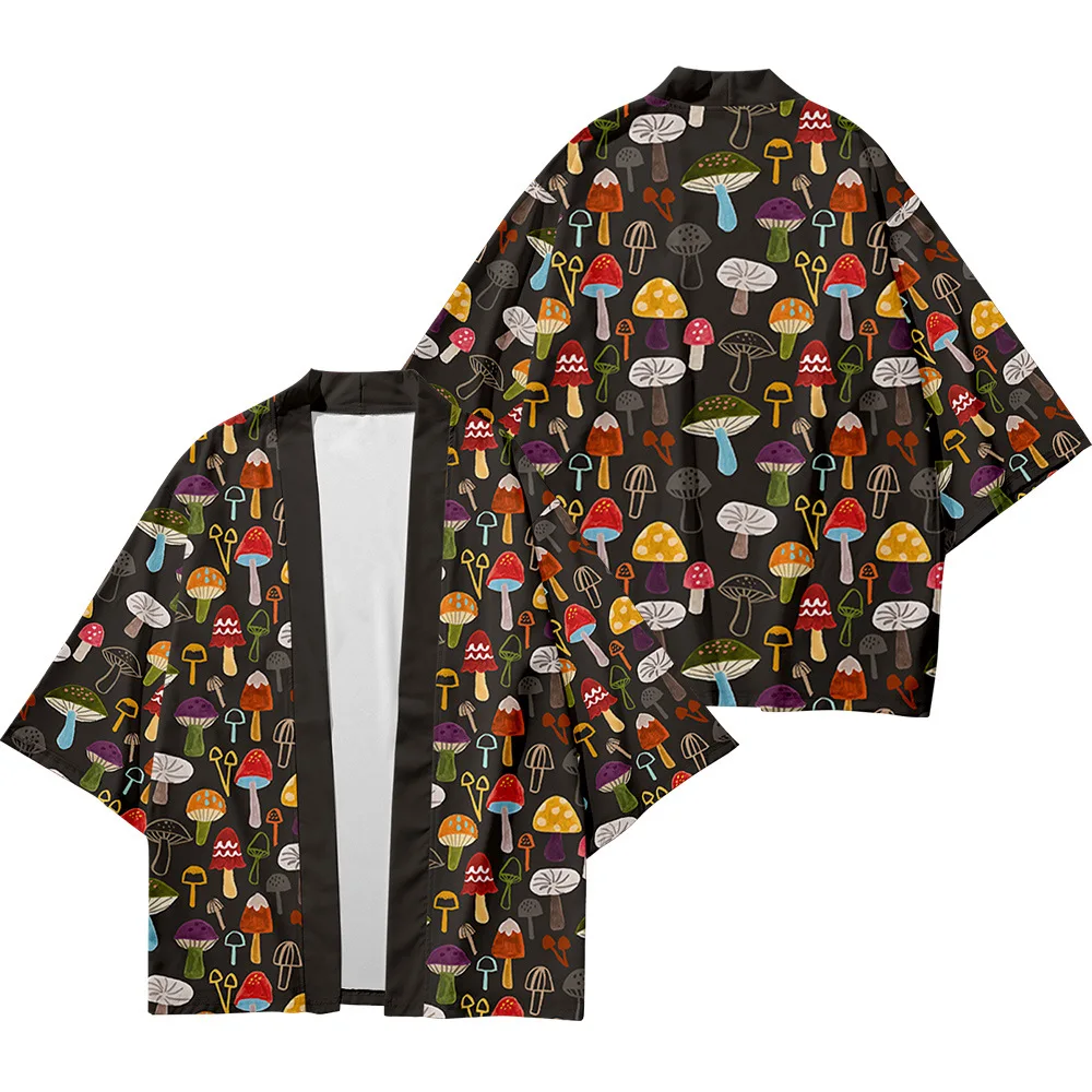 

2022 New Mushroom Print Beach Fashion Beach Japanese Kimono 2021 Plus Size 5XL 6XL Robe Cardigan Men Shirts Yukata Haori Women's