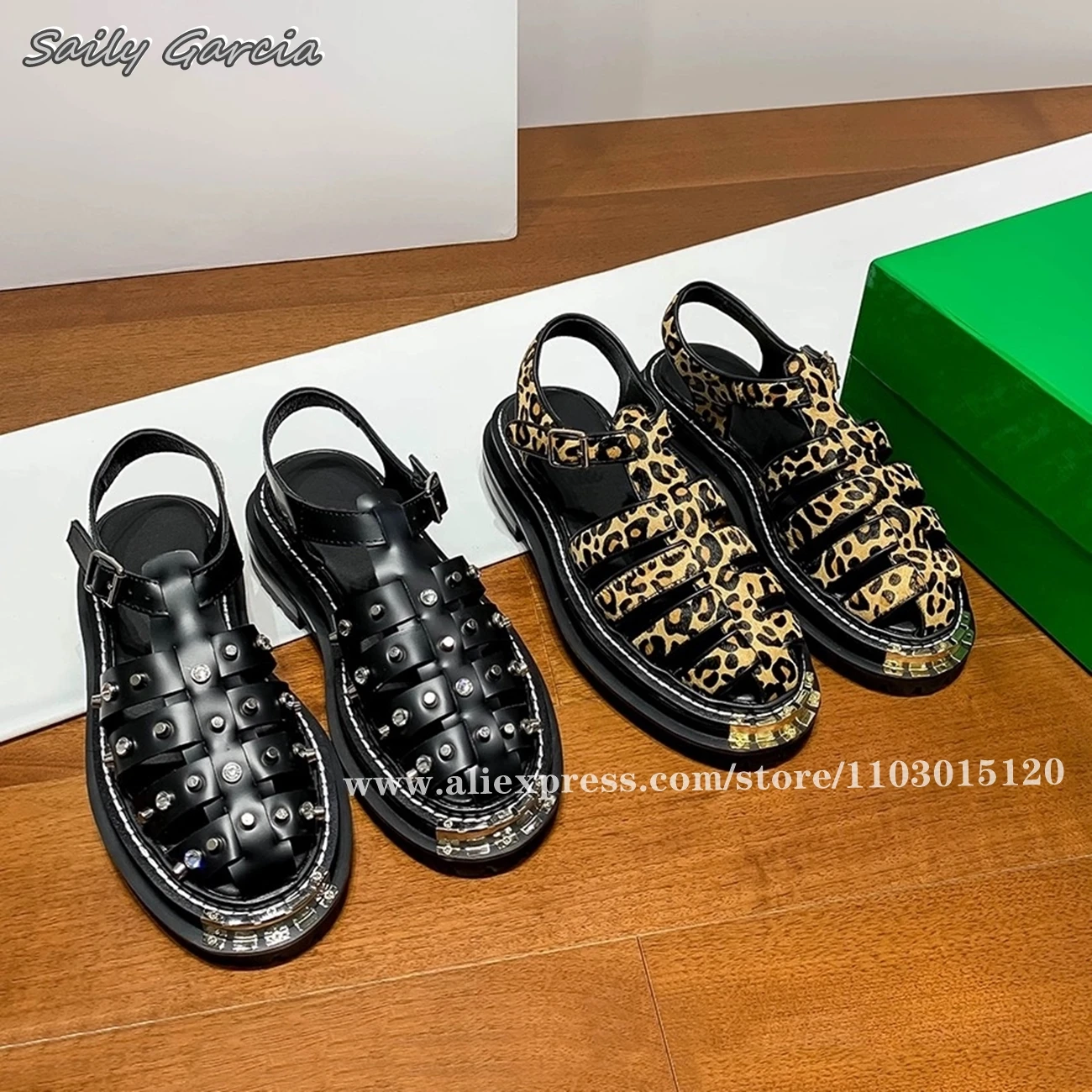 Босоножки из воловьей кожи с леопардовым рисунком