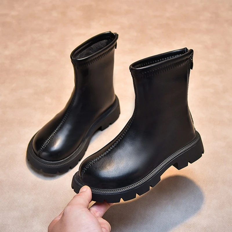 

Children Leather Boots for Girls Simple Classic Fashion Kids Ankle Boots Warm Cotton Back Zipper Motorcycle Winter Sewing Shoes