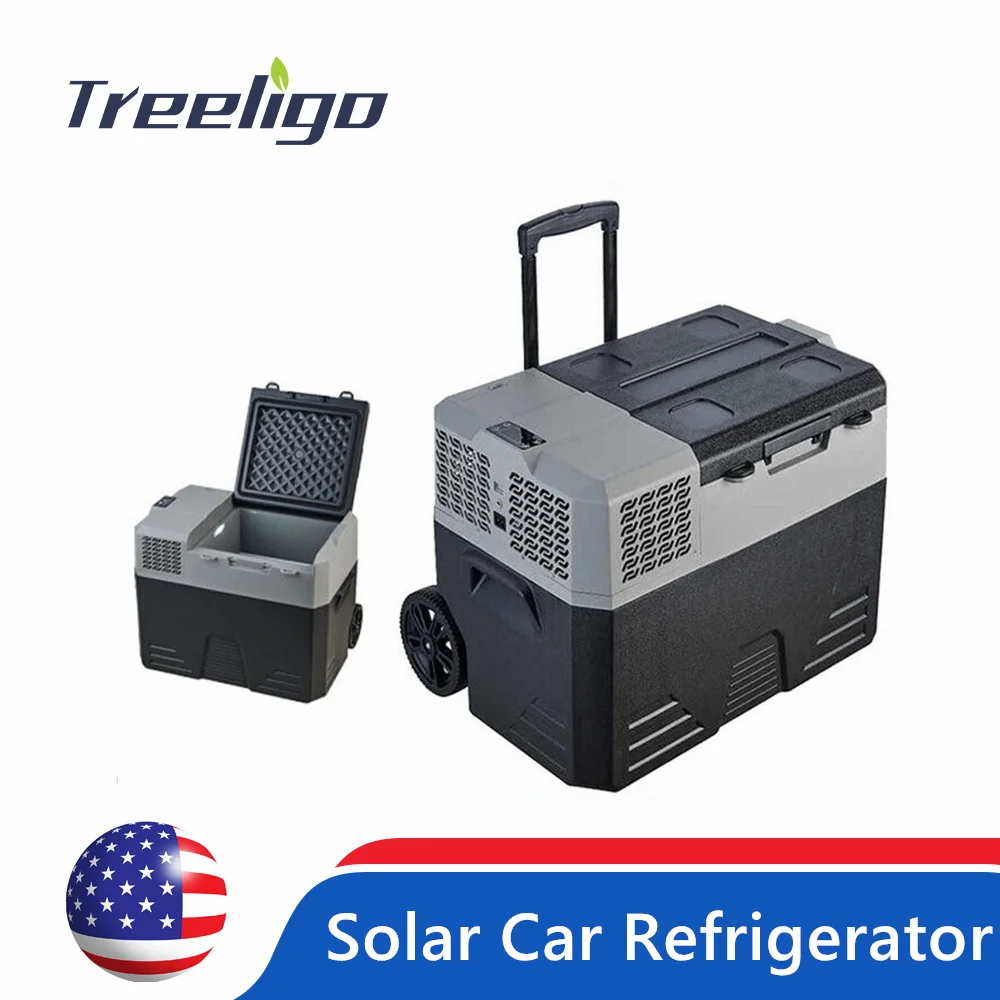 

Treeligo 42L 12V 24V Portable Car Fridge Mini Refrigerator Freezer With Solar Charger Board Handle Wheel for Camping Picnics