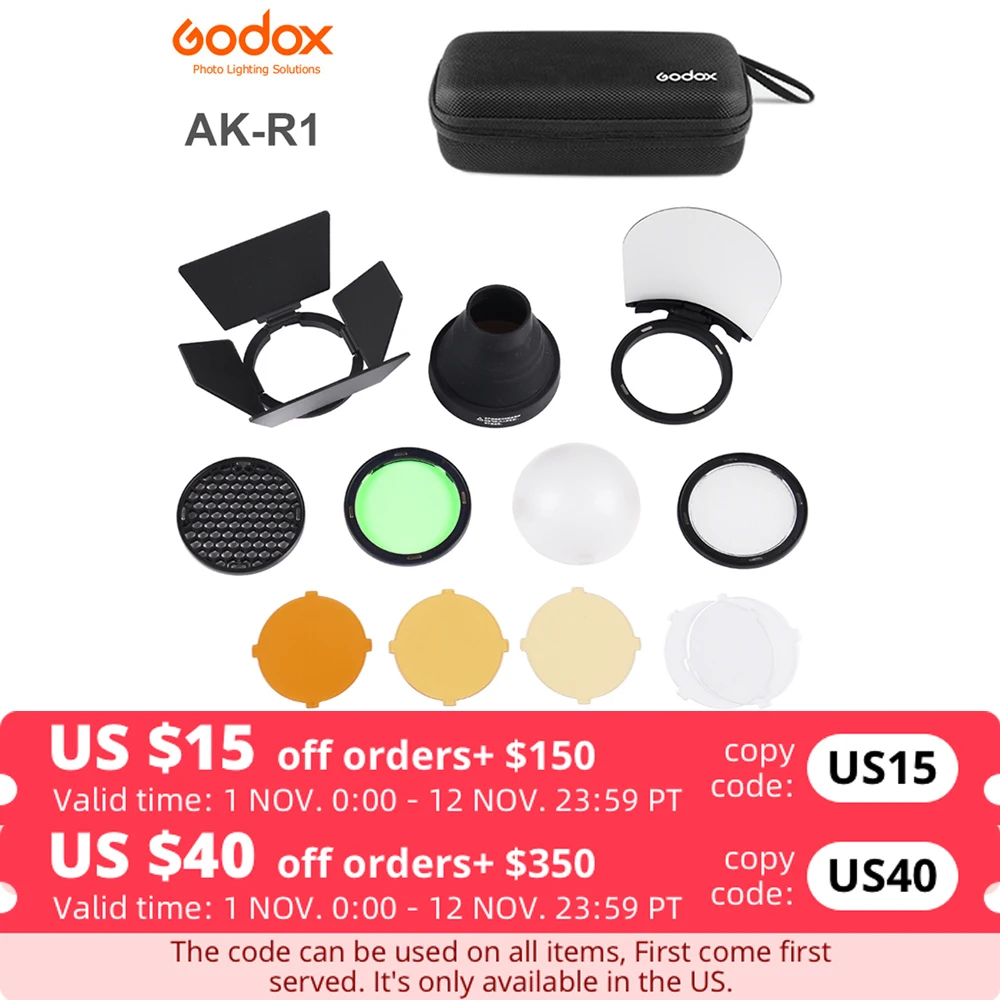 

Godox AK-R1 Barn Door, Snoot, Color Filter, Reflector, Honeycomb, шаровой рассеиватель Kits для Godox AD200 H200R V1 Round Flash Head