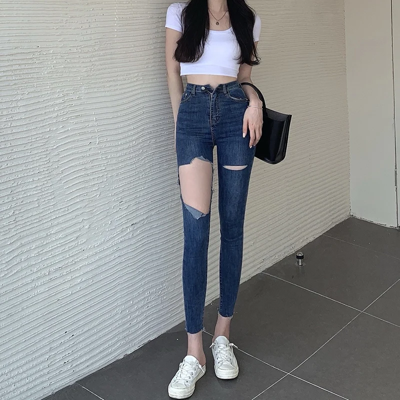 

High Waist Straight Pant Fashion Hole In Knee Jeans Woman Loose Boyfriend Jeans Lady Streetwear Cut Out Denim Trouser