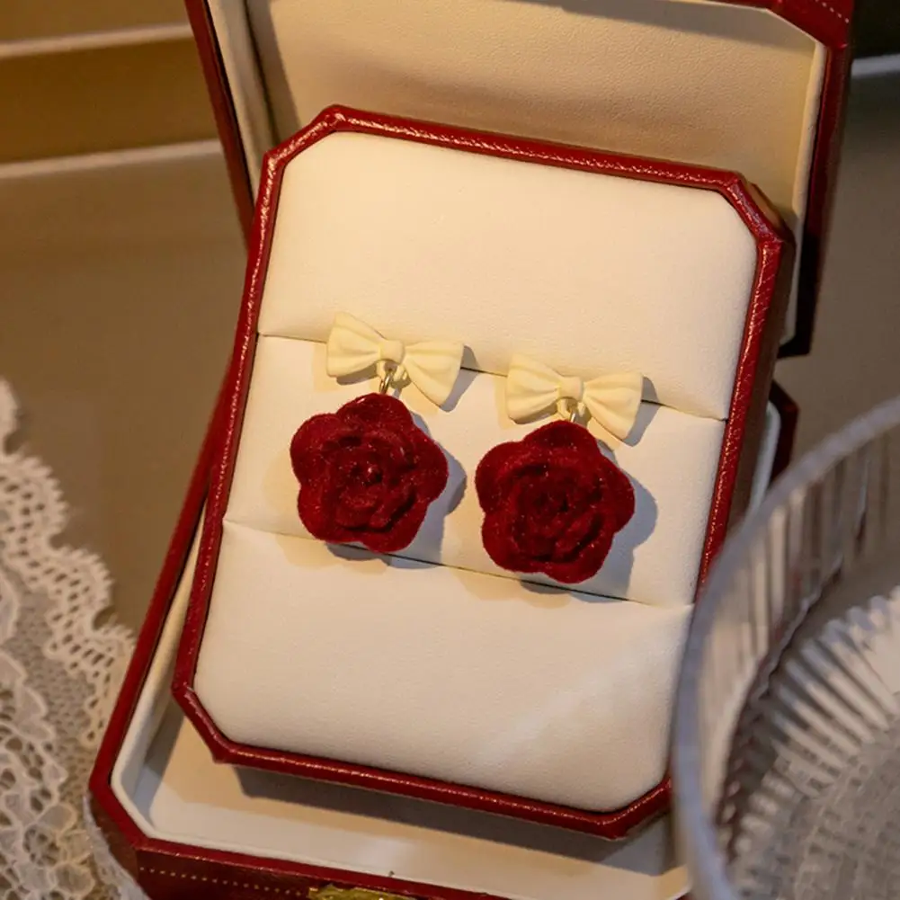 

1 Pair Trendy French Style Exquisite Women INS Rose Bowknot Pendant Ear Studs for Daily Wear Drop Earrings Women Earrings