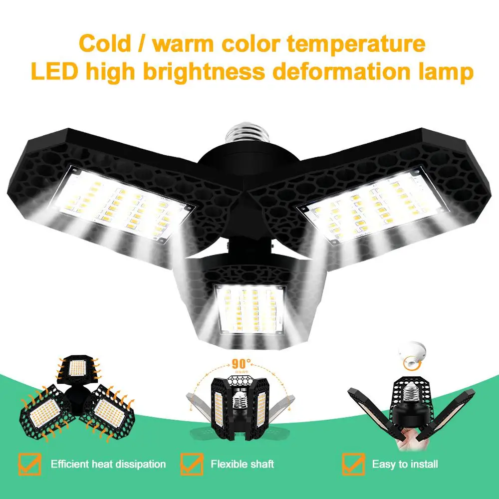 

40/60/80W LED Garage Light 3000K/6000K Deformable Ceiling Lamp Workshop Warehouse Fixture With 3 Adjustable Panels Bay Light New