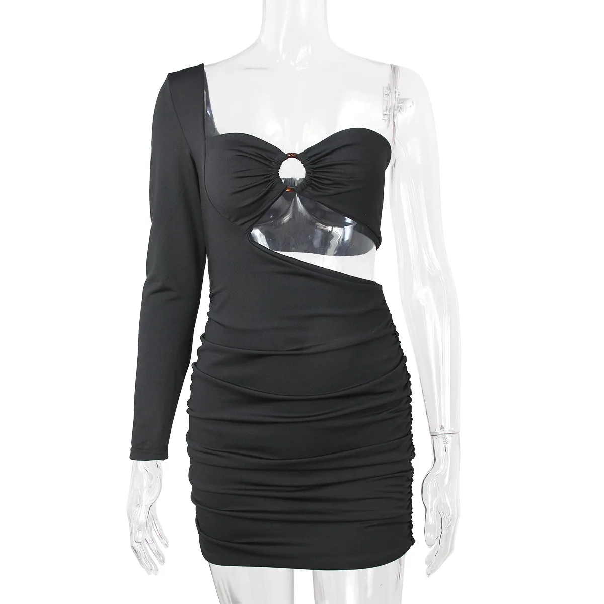 New Sexy One Shoulder Strapless Long Sleeve V-Neck Hollowed Out Women'S Dress Pleated Hip Skirt