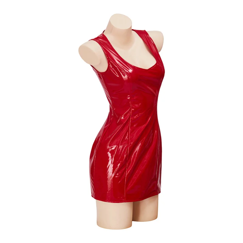 Pam &amp Tommy Pamela Anderson Cosplay Costume Sexy Red Leather Mini Sleeveless Bodycon Dress Party Ball Gown