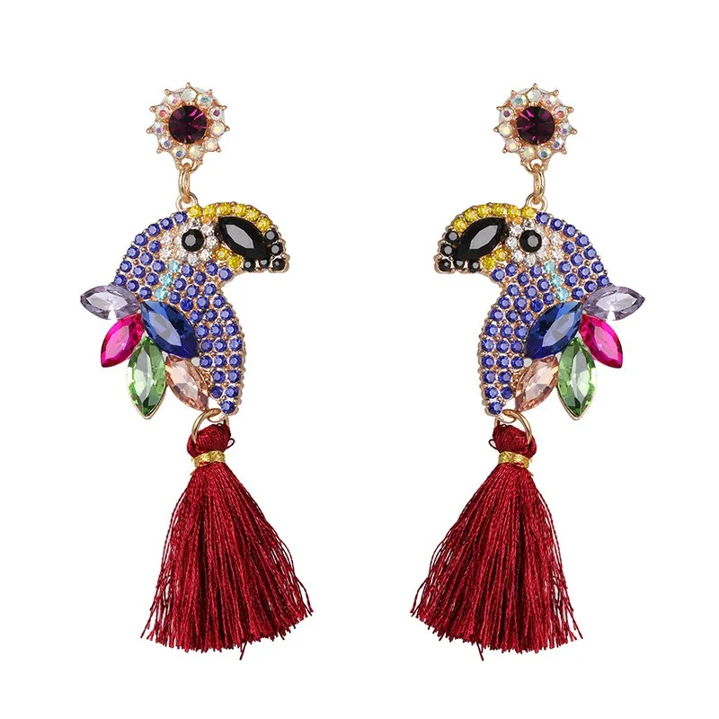 

Fashion Crystal Parrot Tassel Drop Earring For Women Colorful Rhinestone Statement Earring Macrame Dangle Ear Jewelry Party Gift