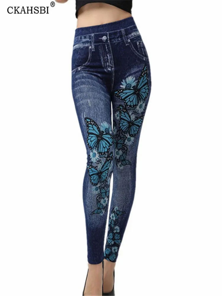 

CKAHSBI Fashion Women Leggings Floral Pencil Yoga Pants High Waist Faux Denim Trousers Seamless Print Butterfly Summer Bottoms
