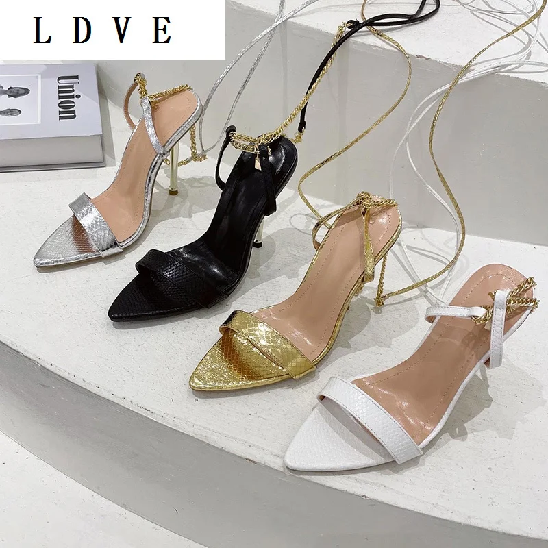 

Сандалии-гладиаторы женские из экокожи, босоножки на тонком каблуке с перекрестной шнуровкой, заостренный носок, металлическая цепочка, мо...