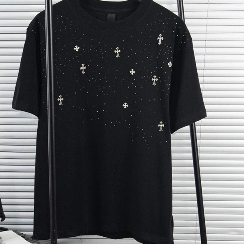 

High quality Fashion Black 2023 Summer Diamond Cotton Tide Brand Loose T-shirt Casual Men's and Women's Tops