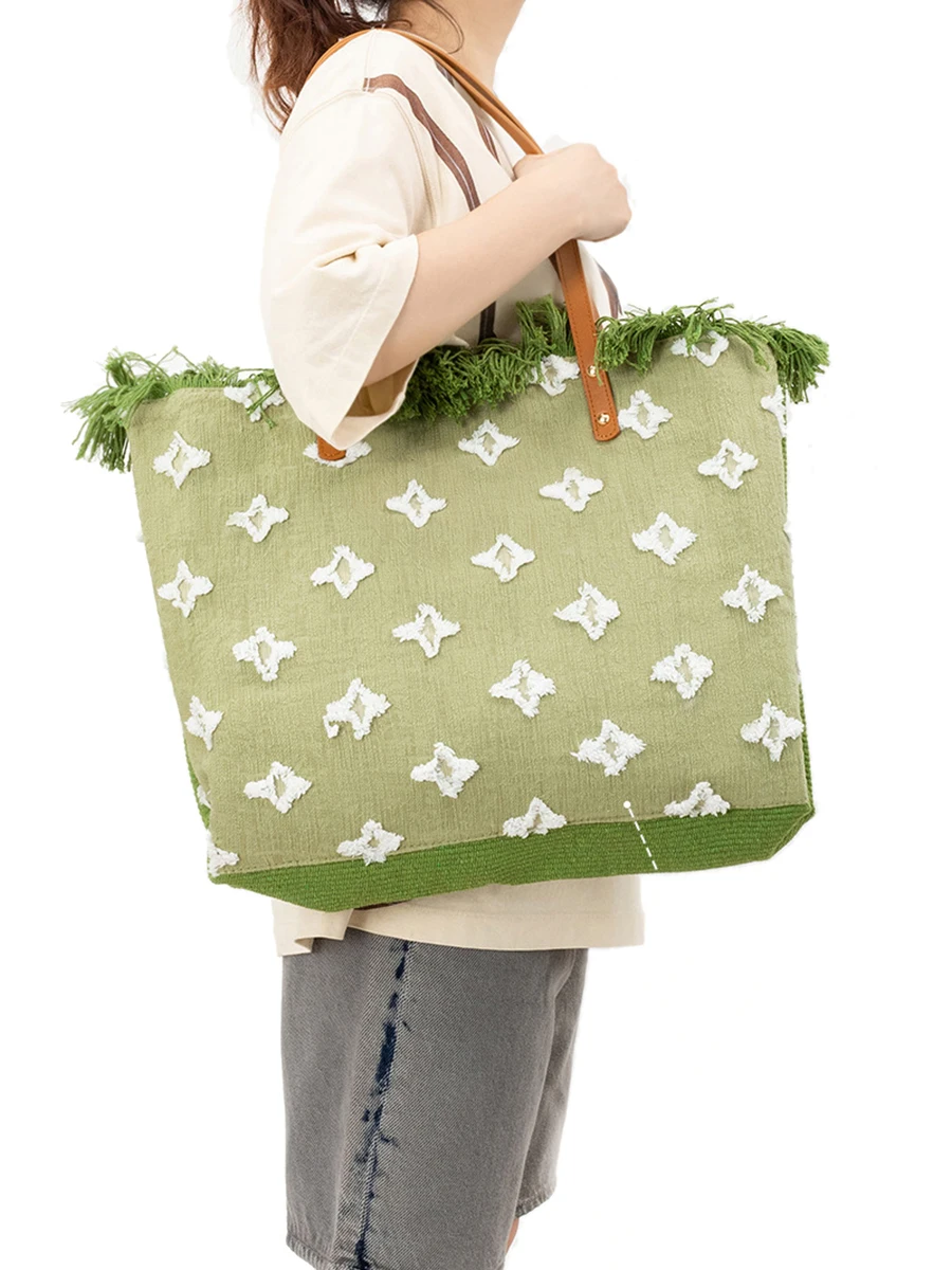 

Canvas Double Leather Tote Bag For Women Large Capacity Shopping Handbags Female Daily Tassel Appliques Shoulder Commuter Bags
