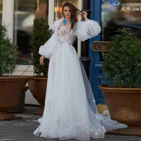 boho sweetheart lantern full sleeve tulle wedding dress bridal long a line embroidery applique pearl bride dresses floor length