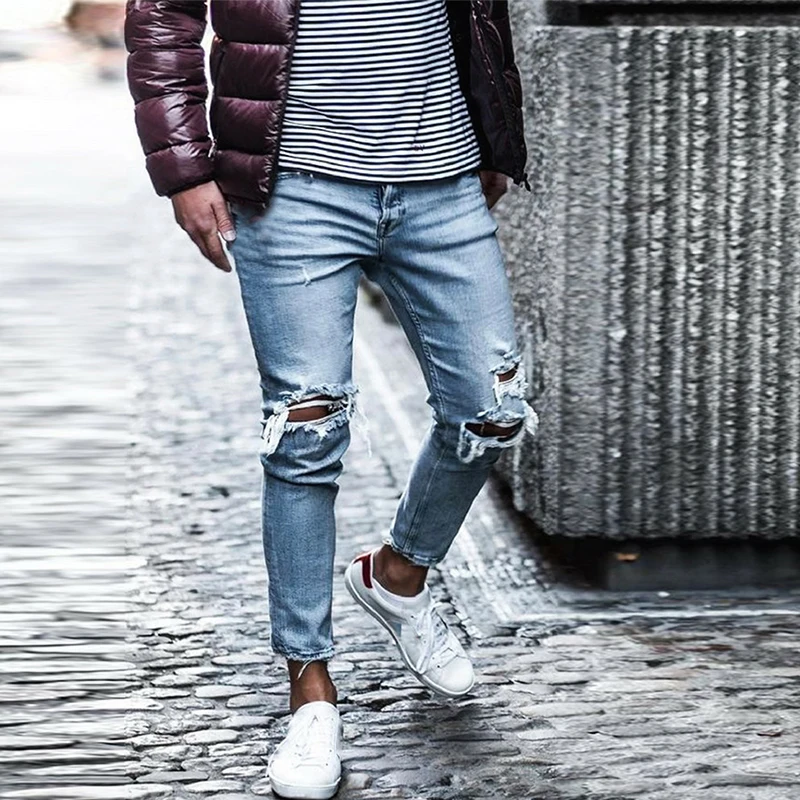 Men's Fashion Ripped Jeans Slim Fit Classic Black Blue Clothing Pants High Quality Stretch Skinny Pencil Pants Calça Masculina