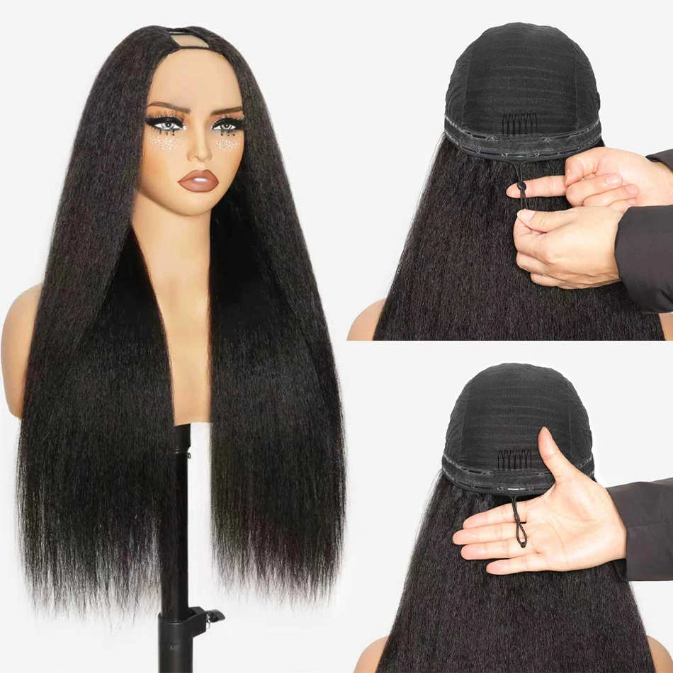 Фото Накладной парик из натуральных волос Kinky Straight с завязками, 250% плотность, без клея, V-образная часть, 100% натуральные волосы Yaki Straight, U-образные клипсы, полупарик №2