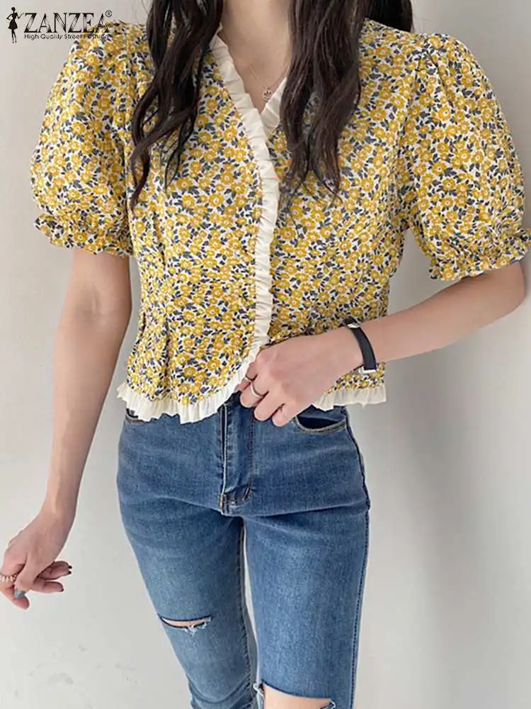 

Women Summer Blouse 2022 Fashion Holiday Short Tops ZANZEA Elegant V Neck Shirts Casual Printed Camisas Oversized Ruffle Chemise