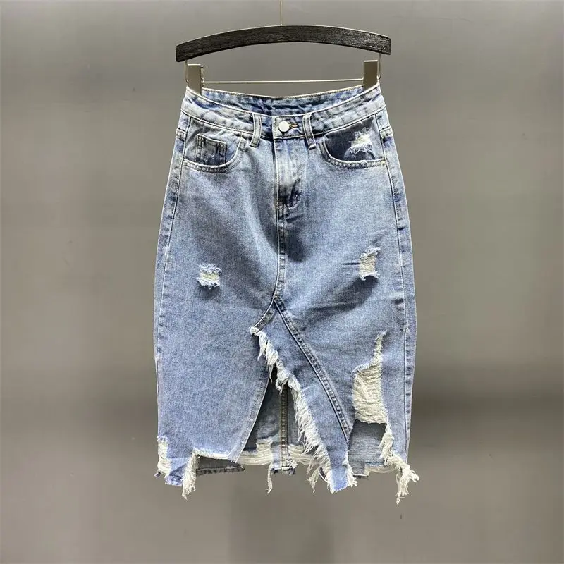 

Женская Джинсовая Юбка-миди с завышенной талией, тонкая рваная трапециевидная юбка с запахом, весна-лето 2023
