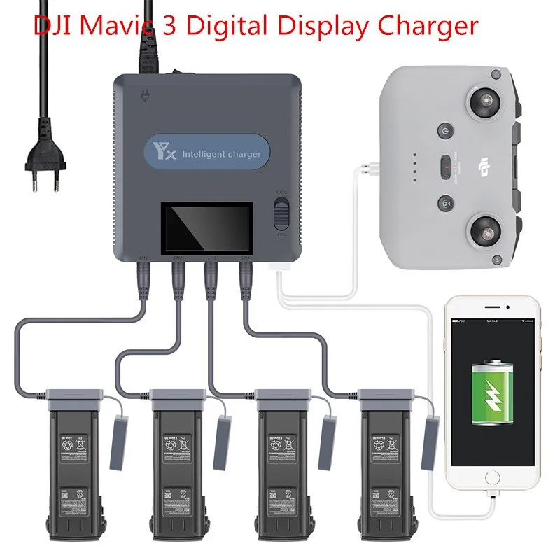 

6 in 1 Digital display Battery Charger for DJI Mavic 3 Drone Battery Charging Hub Fast Smart Battery Charger with USB