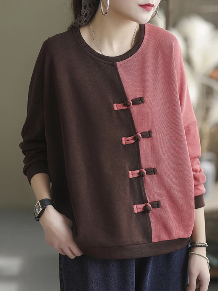 FairyNatural Spring Patchwork Design Loose Street Ladies Sweatshirts Chinese Style Buttons Casual Retro Hoodies Punk Clothing |