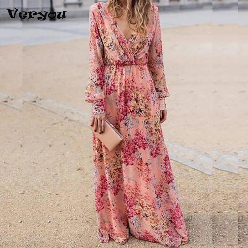 

Summer Women Long Sleeve Maxi Dress Sexy Deep V-Neck Floral Print Pink Long Dress Woman Fashion Wiggle Beach Dresses Robe Longue