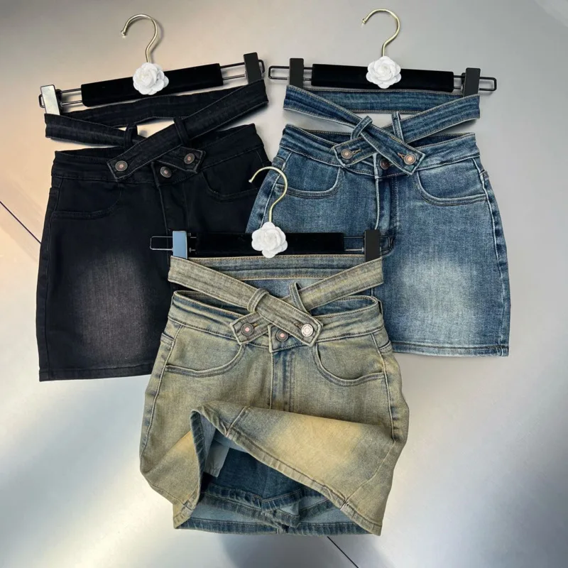 

Женская джинсовая мини-юбка BORVEMAYS, весенне-летняя пикантная эластичная мини-юбка с высокой талией, в стиле пэчворк, модель WZ996, 2023