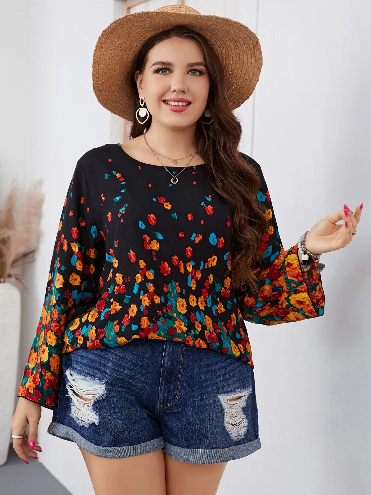 Summer round neck casual fresh sweet plump mm women's printed large long sleeved shirt plus size women clothing