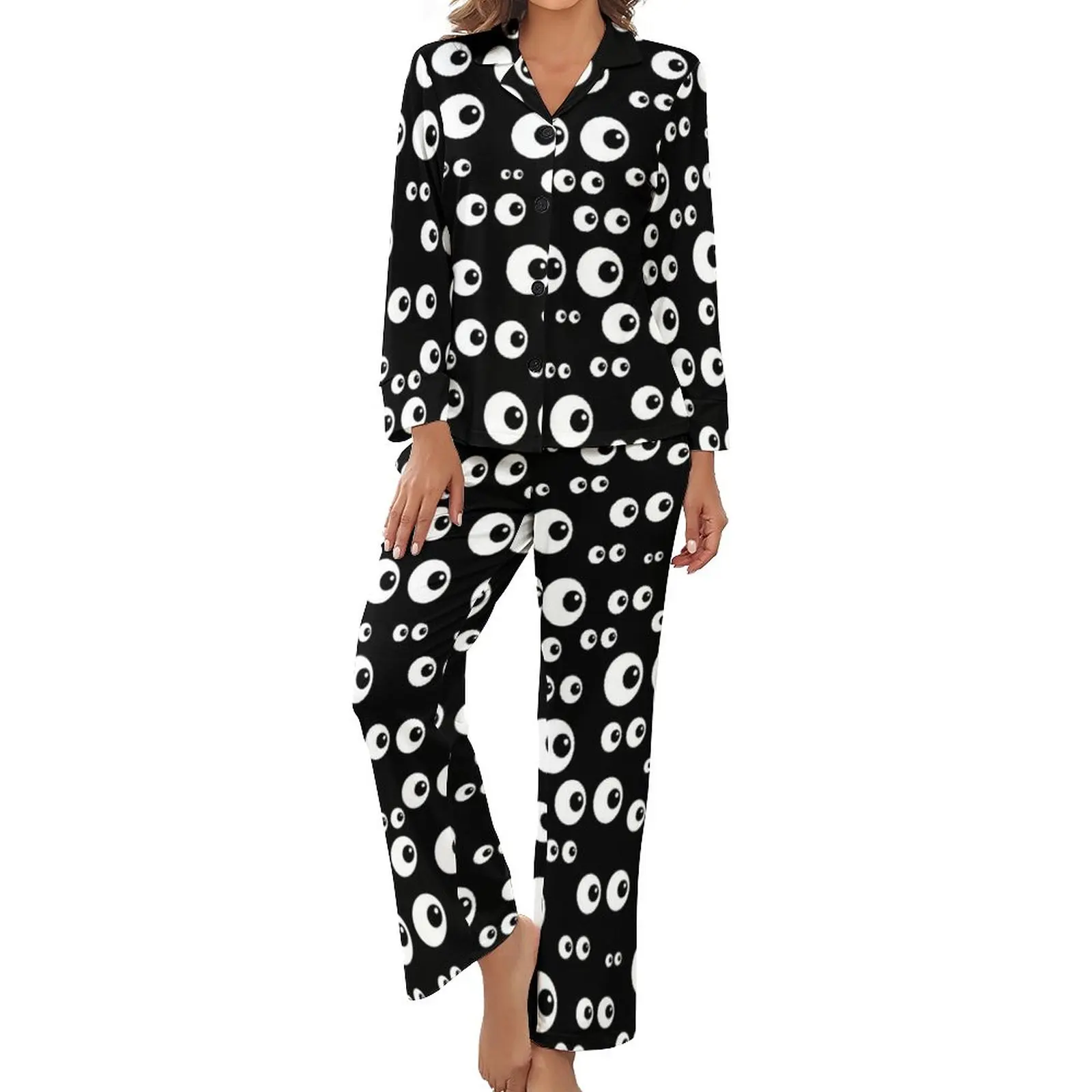 

Cartoon Eyes Pajamas Fun Black and White Eyeballs Design V Neck Nightwear Women 2 Pieces Print Long-Sleeve Elegant Pajama Set
