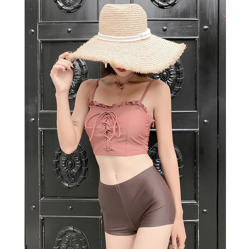 

Sling Swimsuit Female Split Three Piece Conservative Cute Japanese Bubble Hot Spring Swimsuit Bikinis Set Swimwear