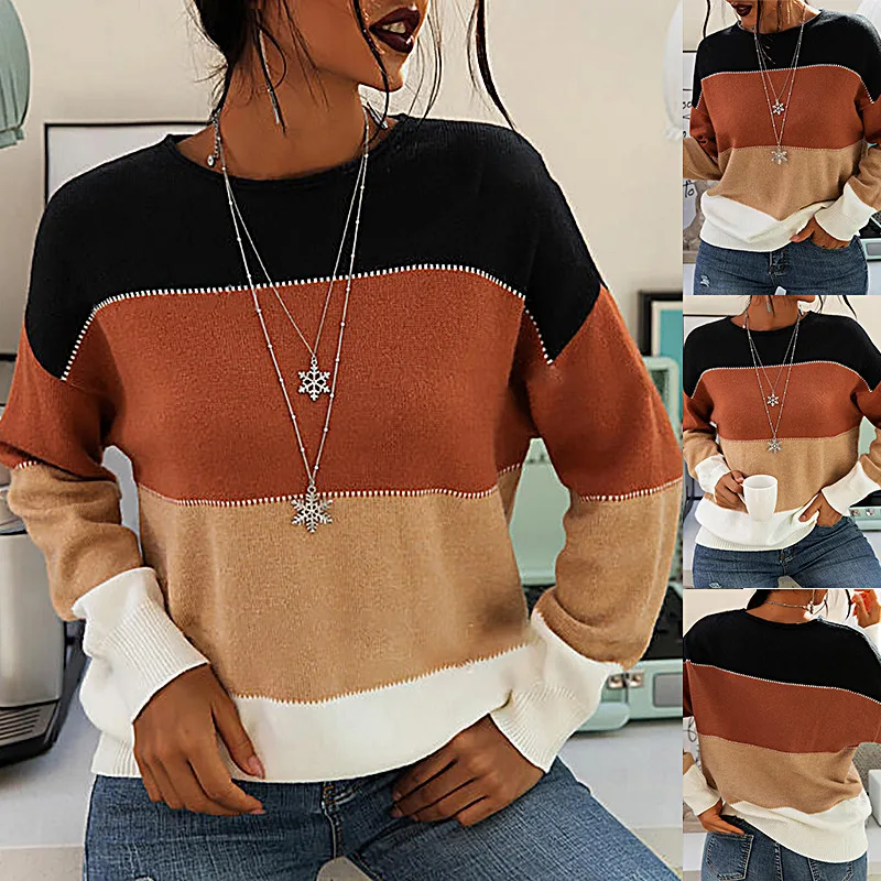 Spring/Summer 2023 New Sweater Women's Stripe Contrast Long Sleeve Round Neck Knitted Sweater Women