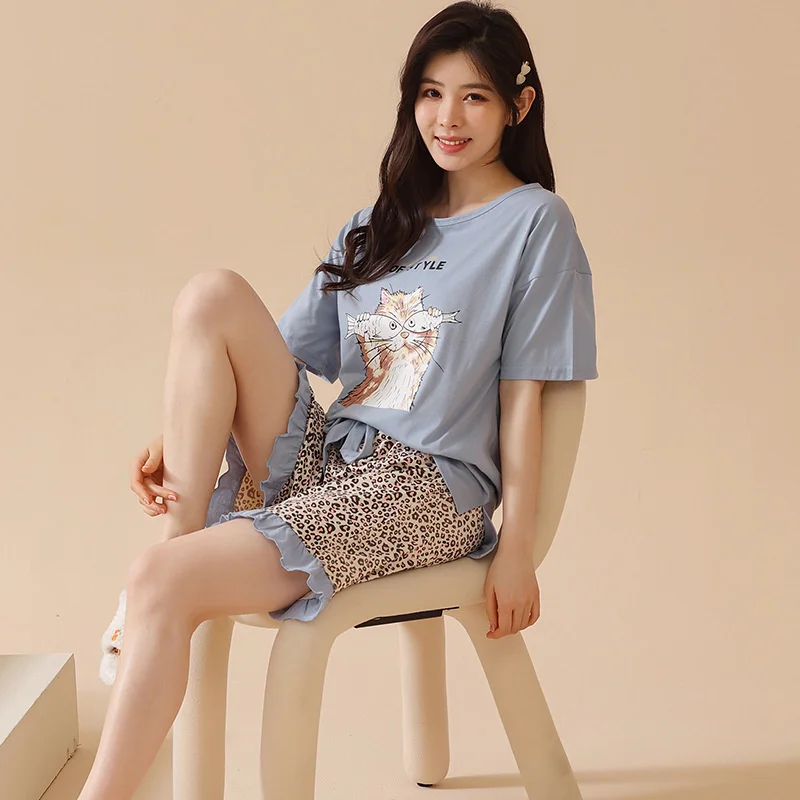 Summer Print Fashion Pajamas Women's Summer  Short-Sleeved Shorts Sweet Outwear 4XL Size Homewear